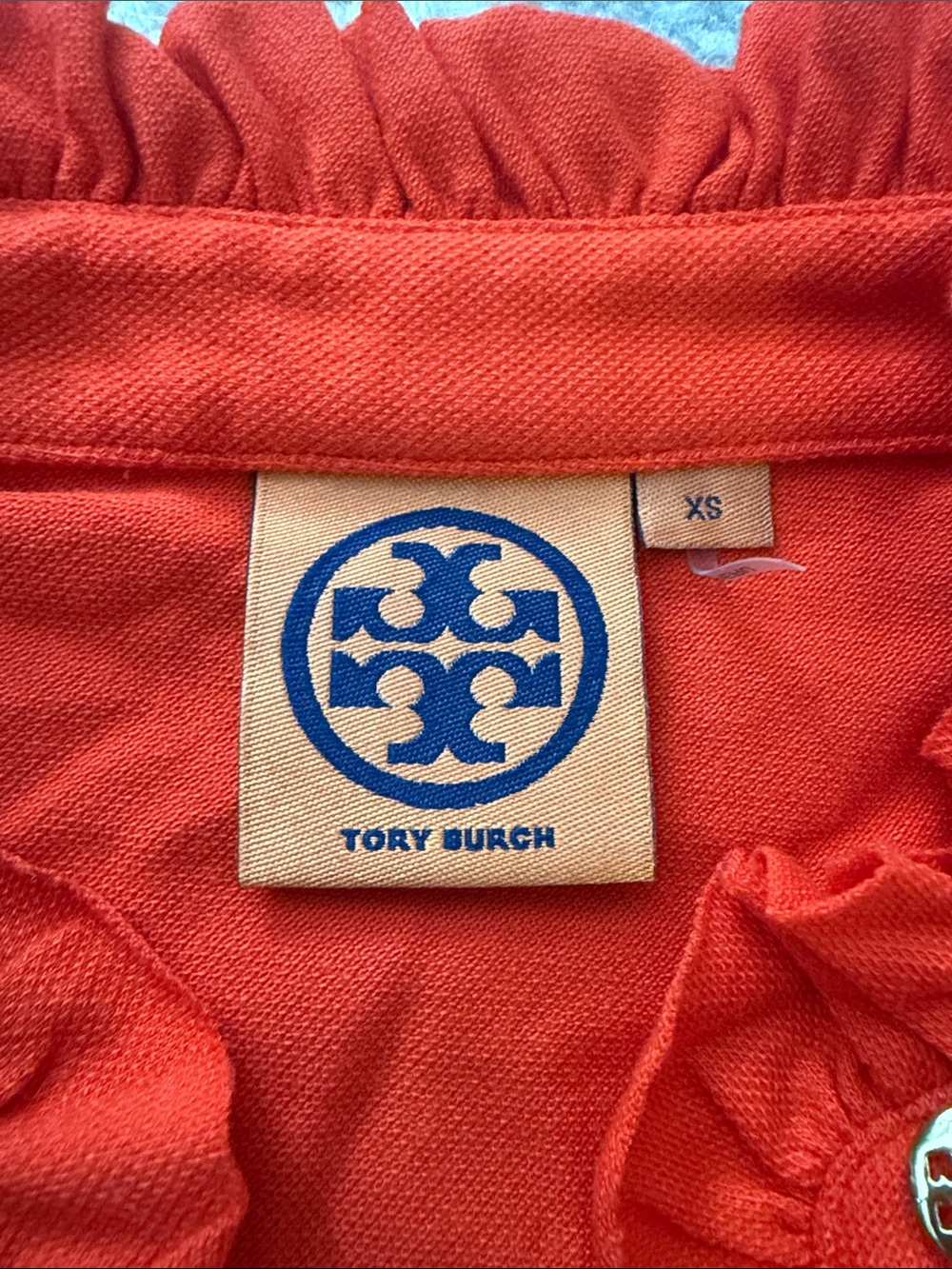 Tory Burch Red Ruffle Mock-Neck Button Front Tee - Picture 3 of 3